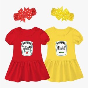 NWOT Red and Yellow Ketchup and Mustard Dress Set with Headbands